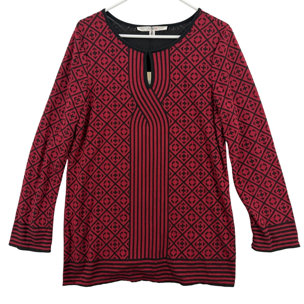 Studio M Shirt Womens Medium Red Black Joseline Keyhole Tunic Top Long Sleeve
